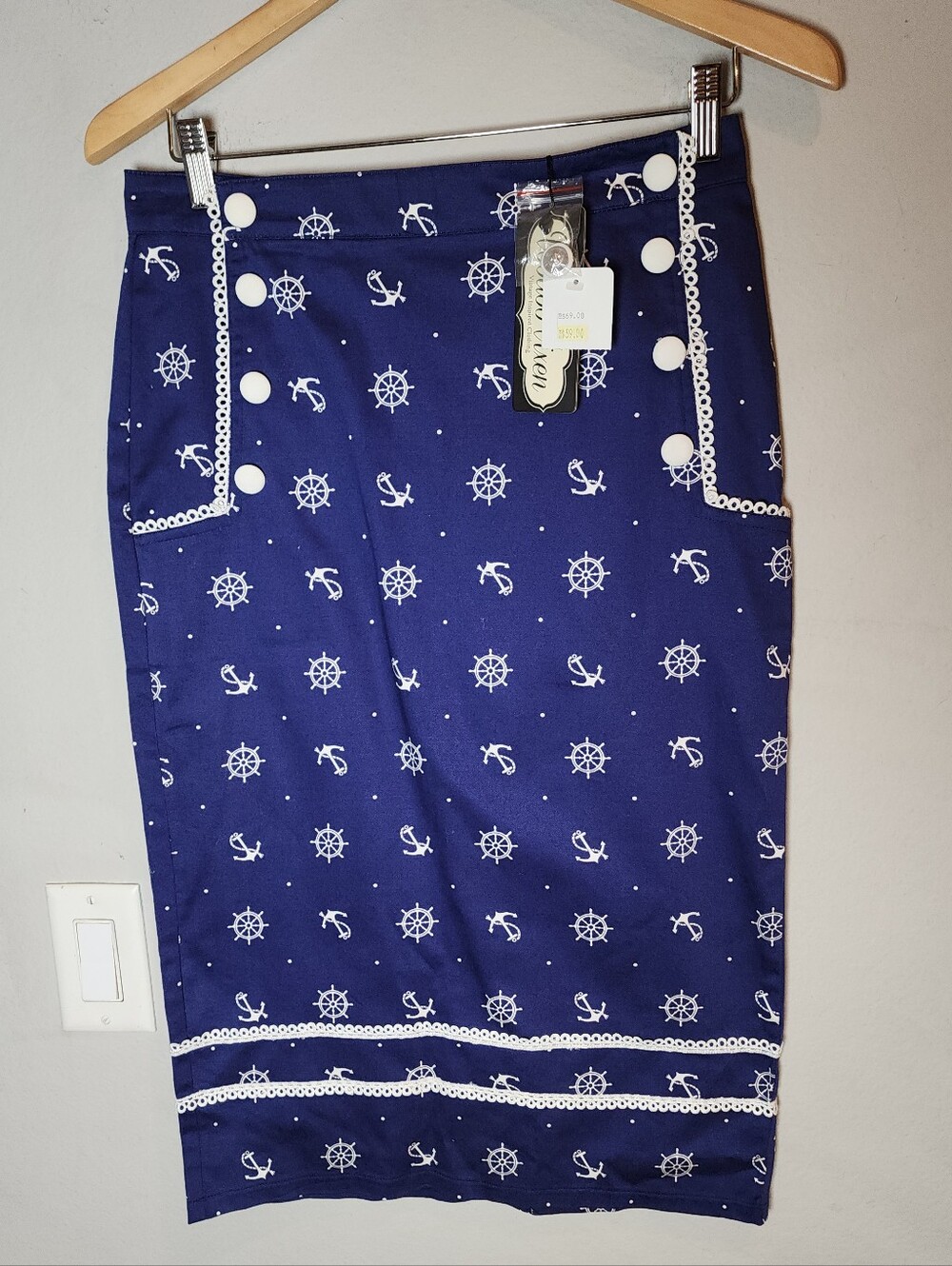 NWT Voodoo Vixen Blue Nautical Midi Pencil Skirt Pockets Anchor Wheel Sailor M